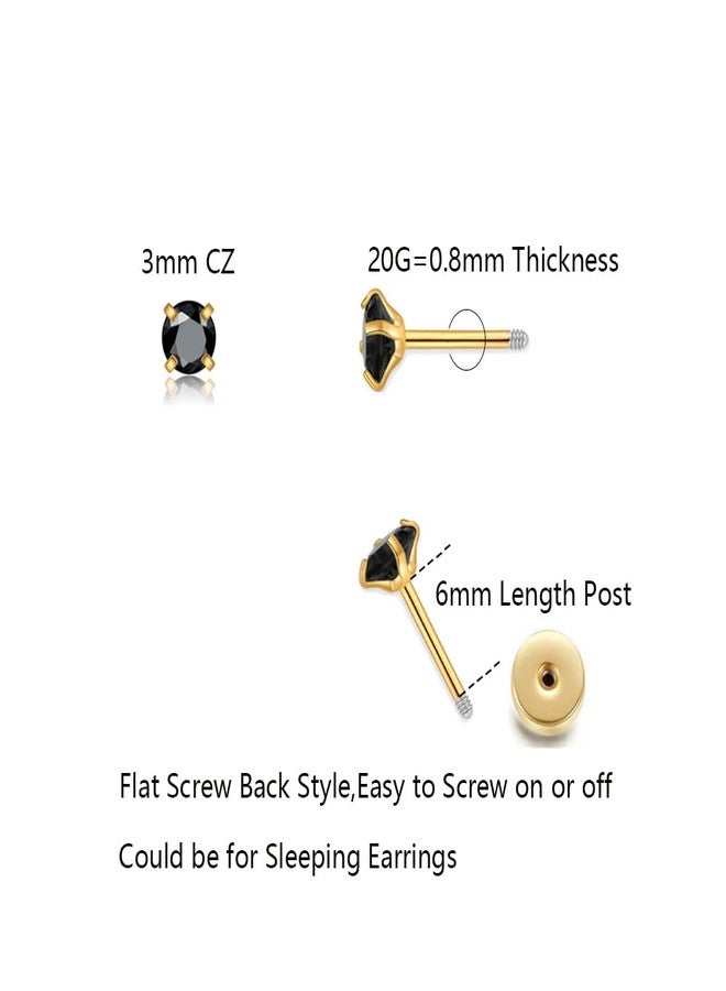 Renkovte 3Pairs CZ Stud Flat Screw Back Earrings for Women Multiple Piercing,Dainty Flatback Cubic Zirconia Cartilage Earring Stud,Helix Tragus Conch Piercing Jewelry (2mm/3mm/4mm Gold, Black CZ) - Image 2